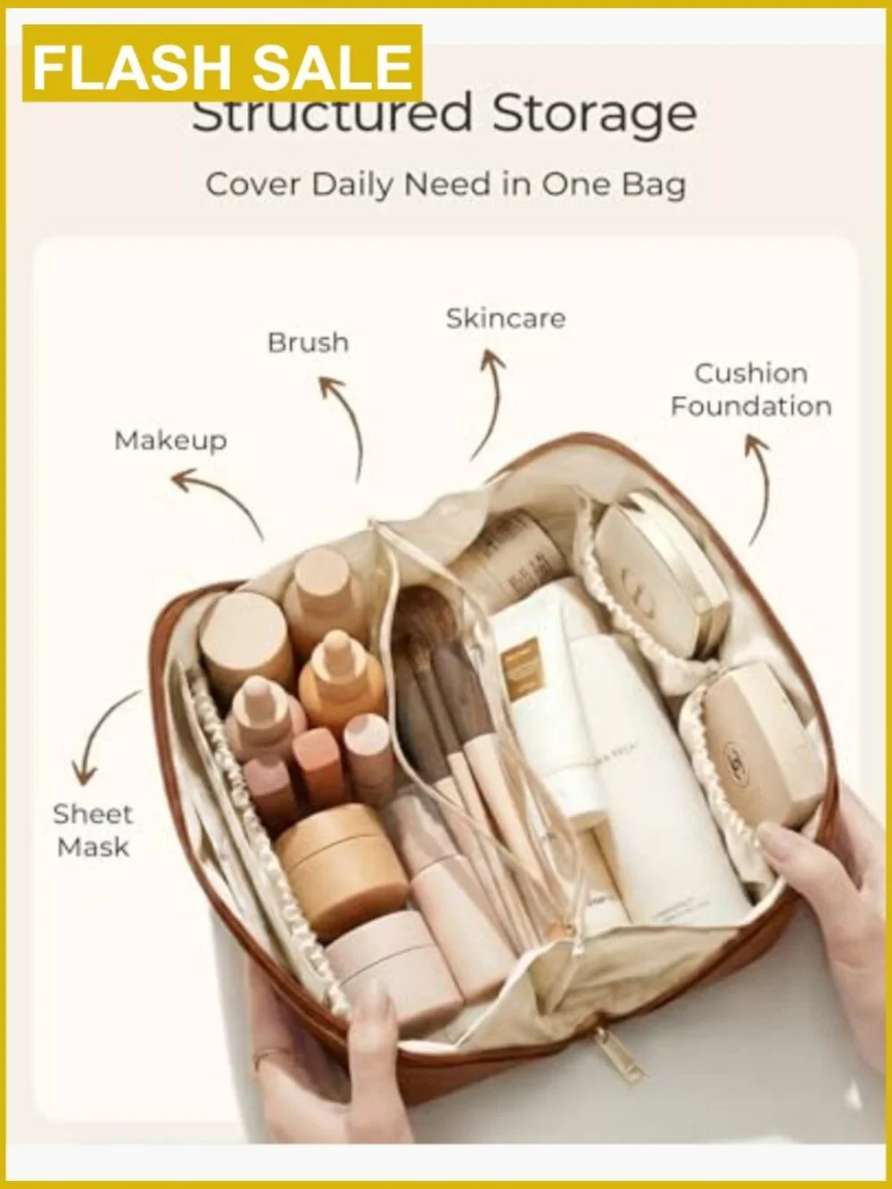 Large Makeup Bag Travel Cosmetic Toiletry Organizer with Flat Lay Opening, Faux